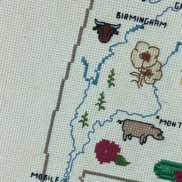 Wall Decor Alabama State Map Cross Stitch Framed Embroidery